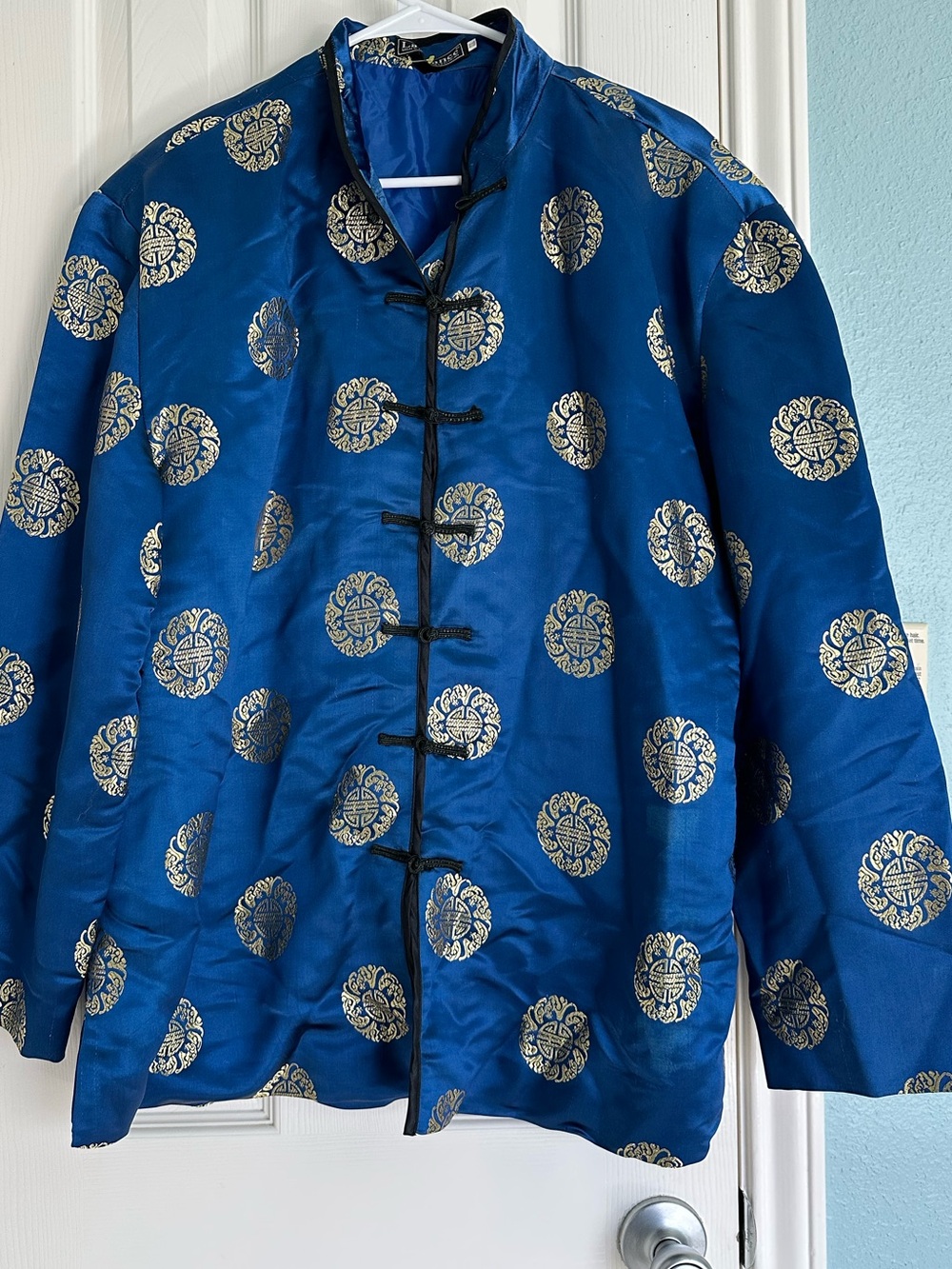 La Chance Men's Chinese Brocade Tang Suit Blue Gold Size XXXL